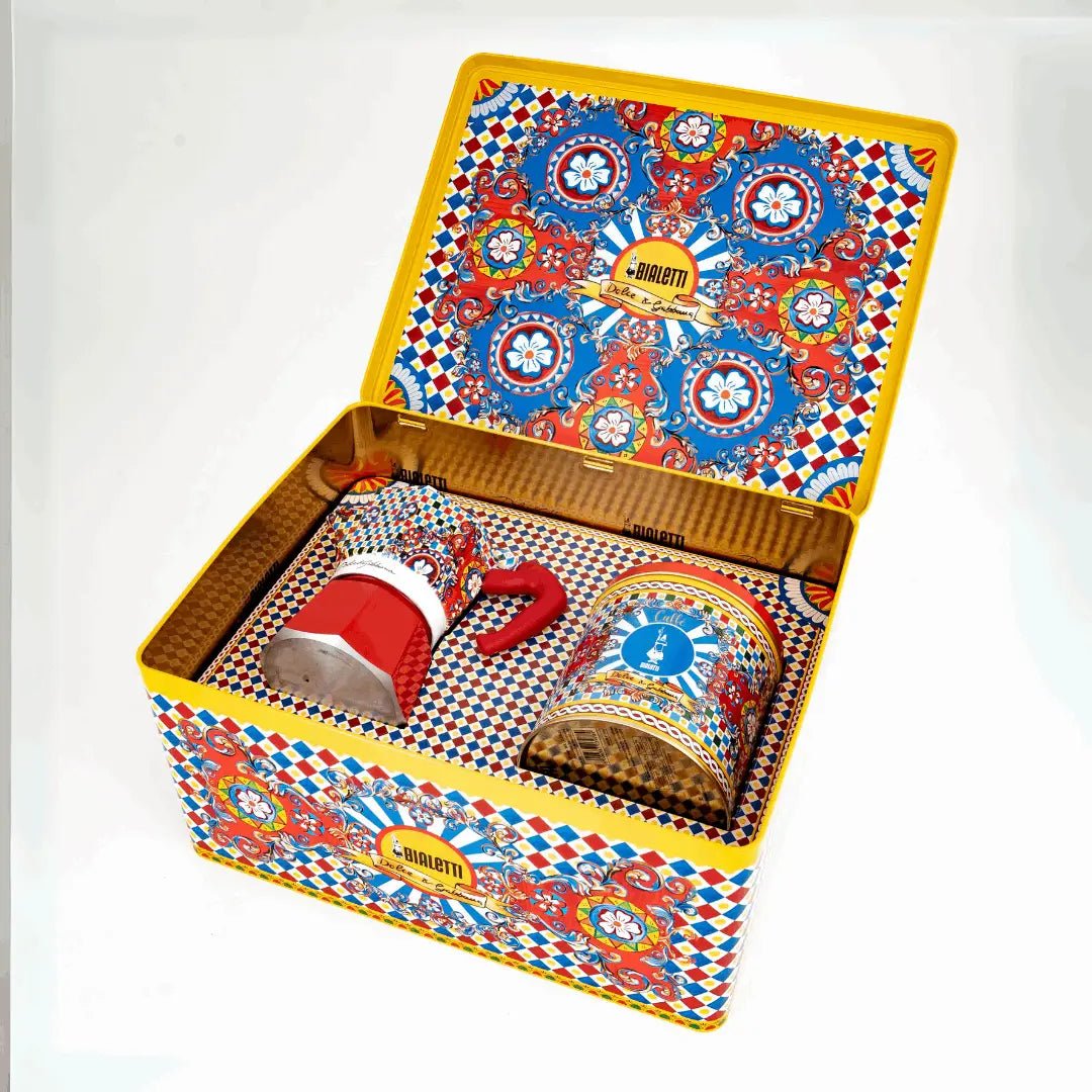 Bialetti Sicilian Cart coffee gift set with 3-cup moka pot and coffee, featuring Dolce&Gabbana design, from Brew Italia