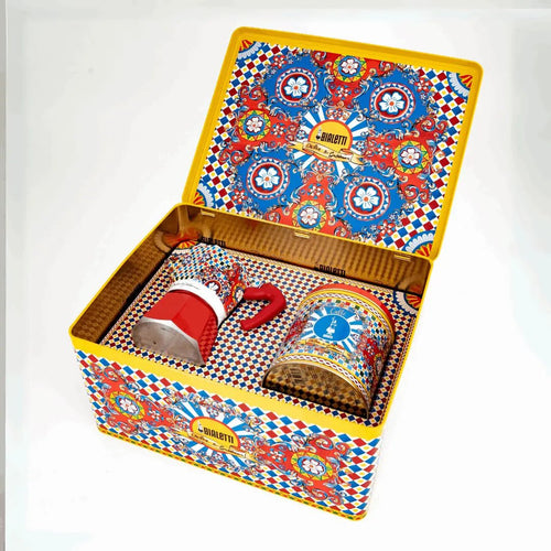 Bialetti Sicilian Cart coffee gift set with 3-cup moka pot and coffee, featuring Dolce&Gabbana design, from Brew Italia