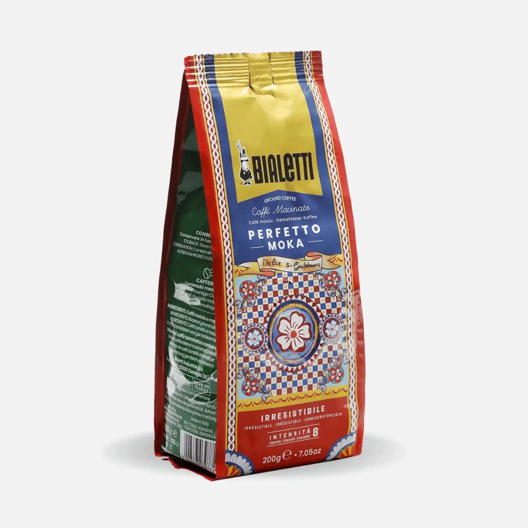 Bialetti Brew Italia Dolce&Gabbana Irresistible Coffee Moka ground 200g package with Dolce&Gabbana branding and coffee beans on the label.