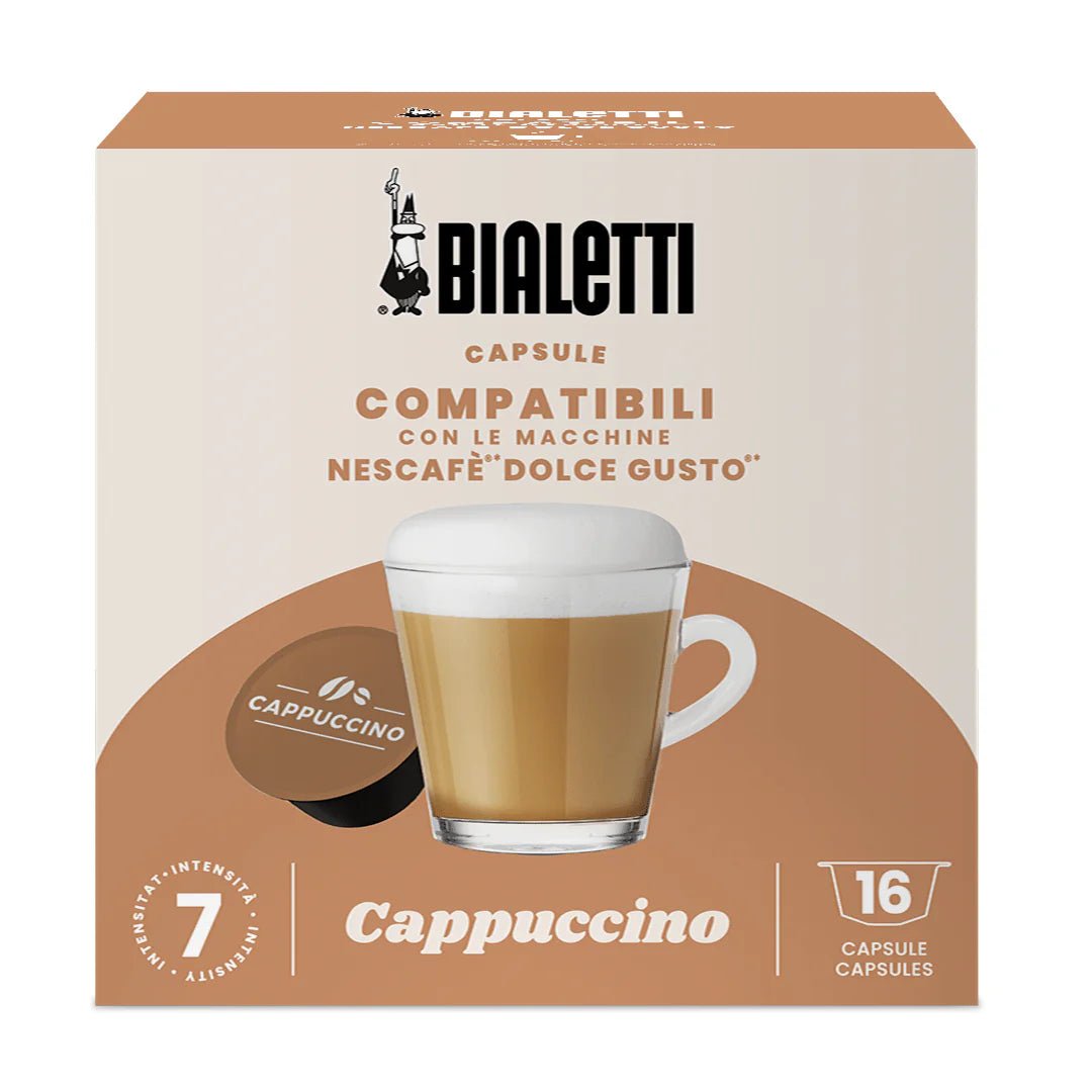 Bialetti Dolce Gusto compatible coffee capsules by Brew Italia, featuring a colorful box of cappuccino flavor capsules.
