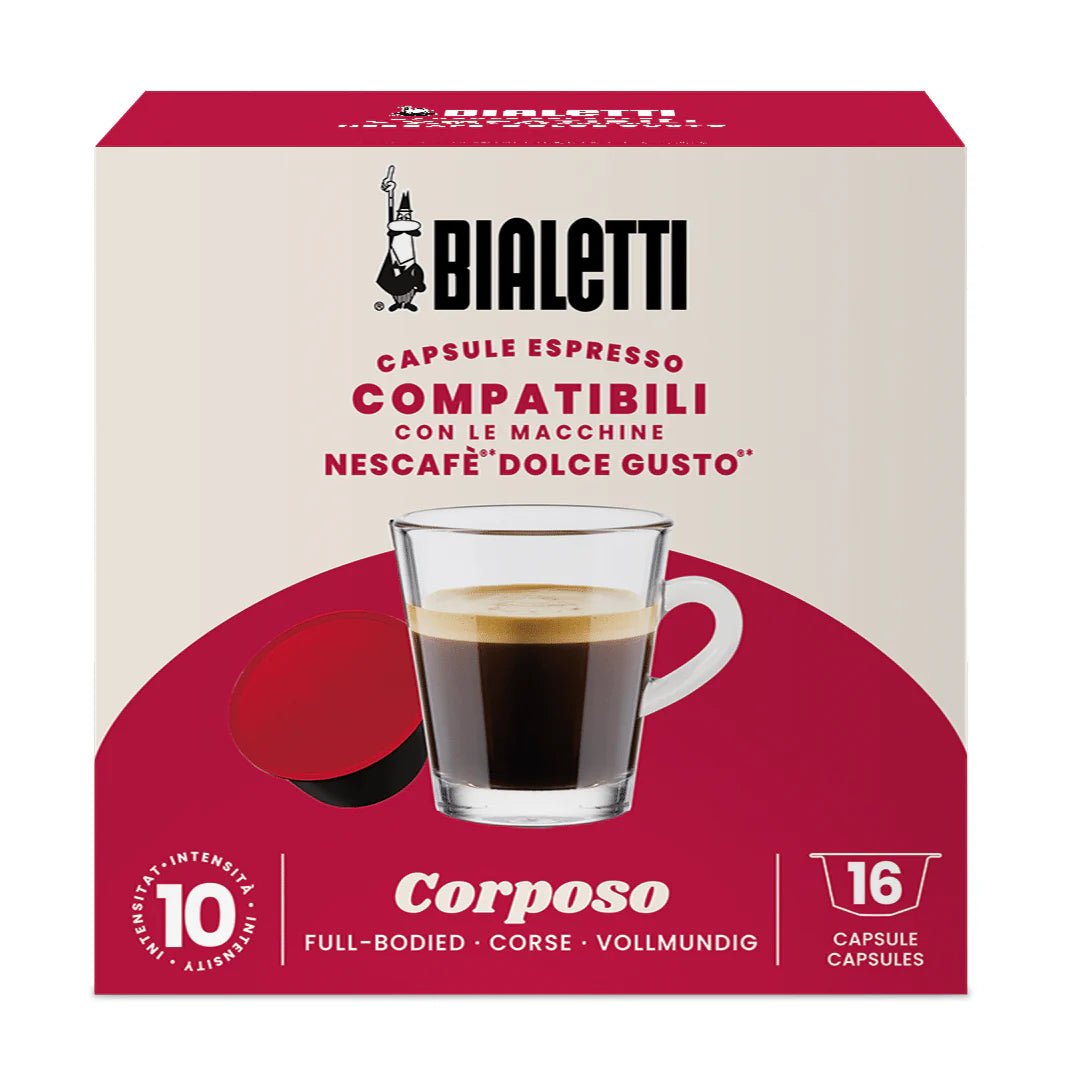 Bialetti Dolce Gusto compatible coffee capsules by Brew Italia, featuring a close-up of the capsules for Dolce Gusto coffee machines.