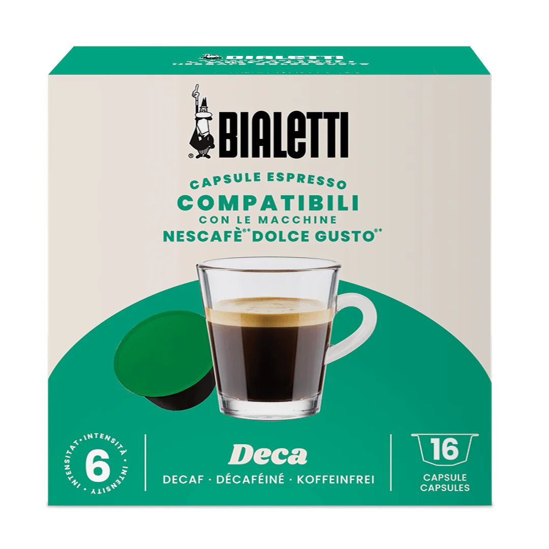 Bialetti Brew Italia Dolce Gusto compatible coffee capsules, decaf flavor, in black packaging with capsules inside.