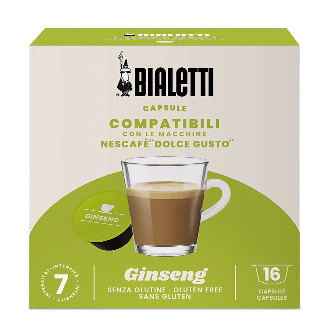 Bialetti Brew Italia Dolce Gusto compatible capsules with ginseng flavor, shown in a close-up image.