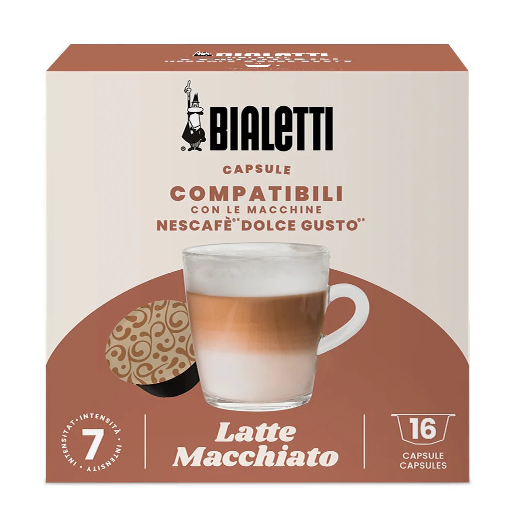 Bialetti Brew Italia Dolce Gusto compatible latte macchiato coffee capsules in a package with capsules displayed.