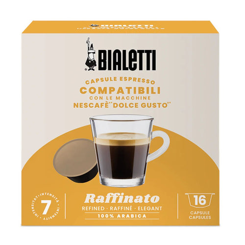 Bialetti Dolce Gusto compatible coffee capsules by Brew Italia, featuring a close-up of the coffee capsule with branding and packaging details.