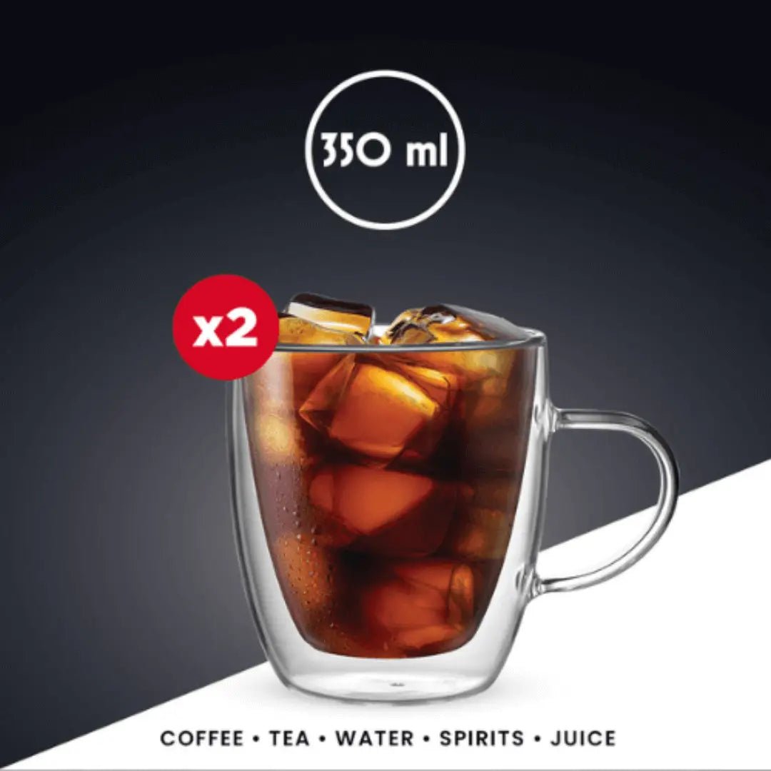 Set of two Brew Italia Capri double-walled glass mugs, 350ml capacity, featuring clear double-walled design for hot and cold beverages.