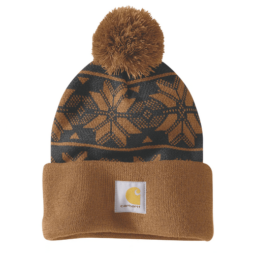 Carhartt Knit Pom Jacquard Beanie headwear featuring a patterned design, styled for warmth and casual wear from Workwear Nation Ltd.