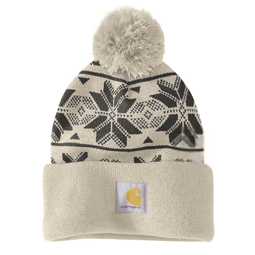 Carhartt knit pom jacquard beanie, warm headwear with colorful pattern, from Workwear Nation Ltd, designed for cold weather.