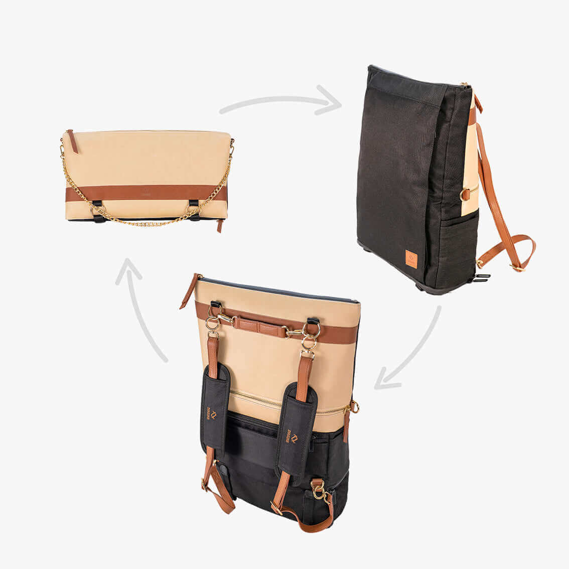 DRiiBE Dakota 3-in-1 convertible backpack purse in sand, showing multiple carrying styles and adjustable straps.