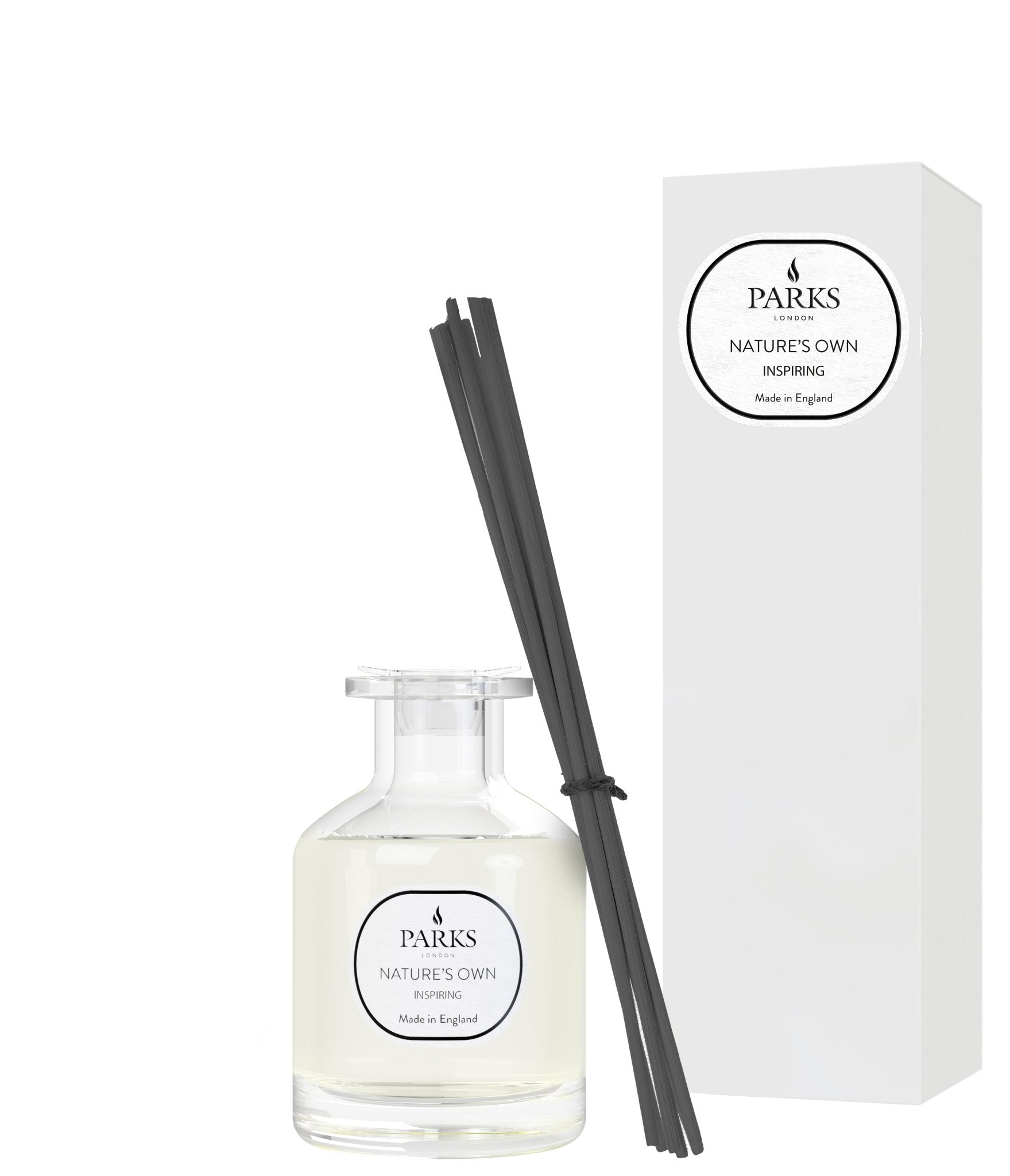 Parks Candles Inspiring Reed Diffuser 100ml with elegant glass bottle and natural reed sticks for home fragrance.