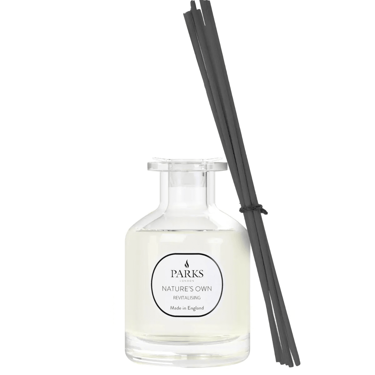 Reed diffuser labeled "Revitalising" by Parks Candles in a 100ml glass bottle with reeds for home fragrance.