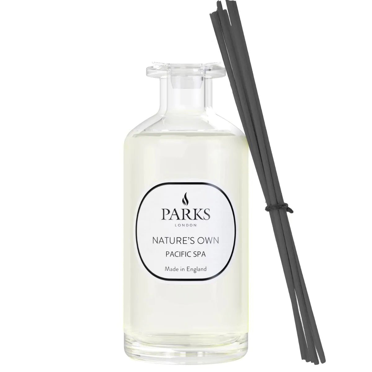 Pacific Spa Reed Diffuser 220ml from Parks Candles, featuring a sleek glass bottle with reed sticks for home fragrance.