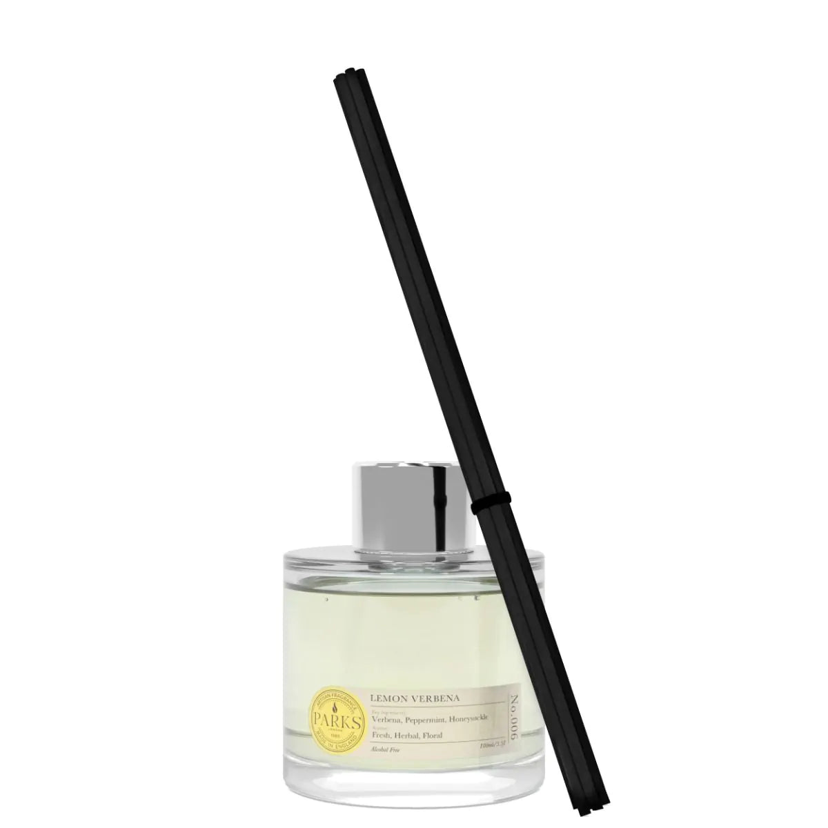 Parks Candles Lemon Verbena reed diffuser with 100ml glass bottle and natural reed sticks for fresh citrus scent.