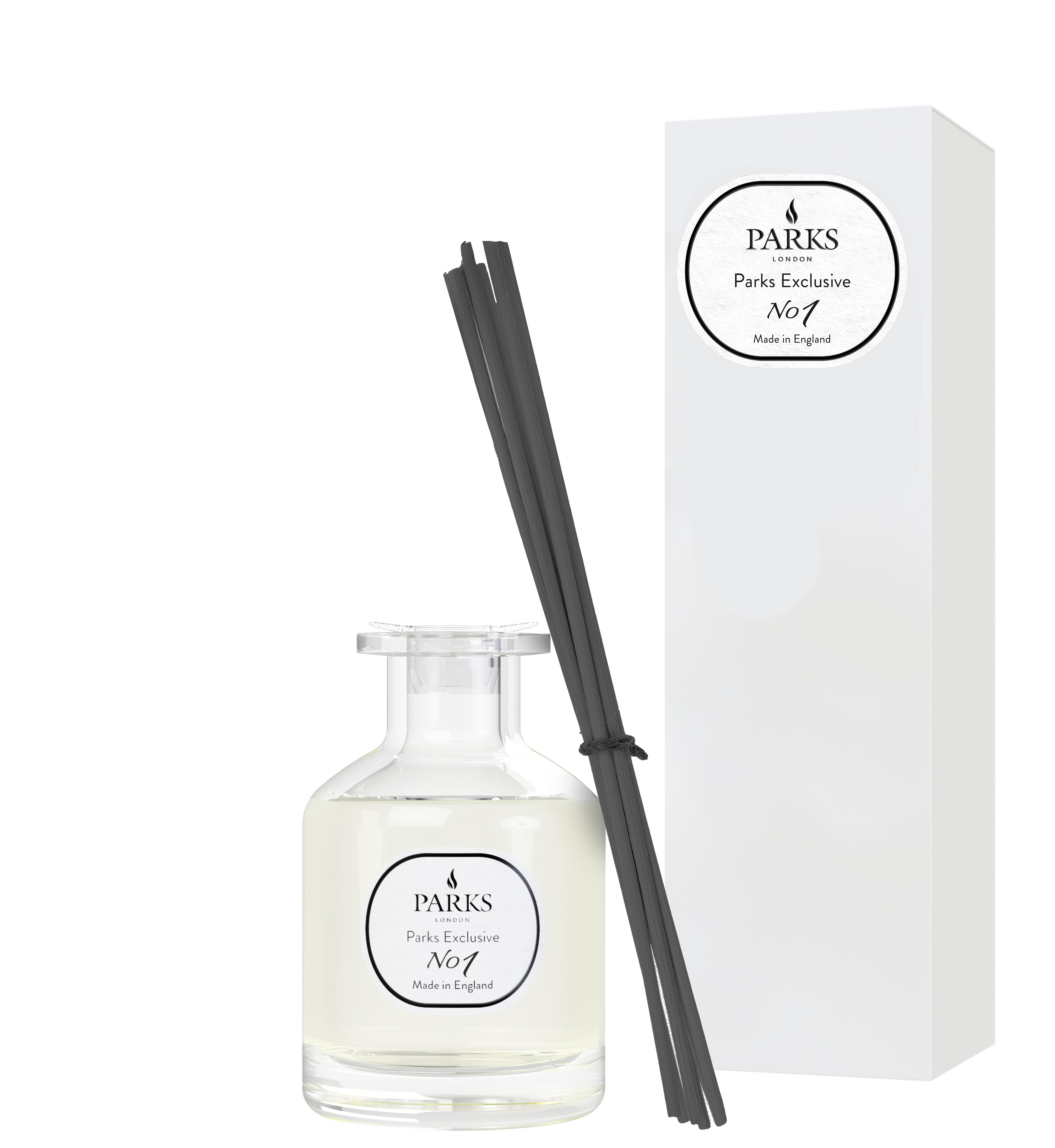 Parks Candles NO1 reed diffuser with Sandalwood and Vanilla scent in a 100ml glass bottle, featuring natural reed sticks.