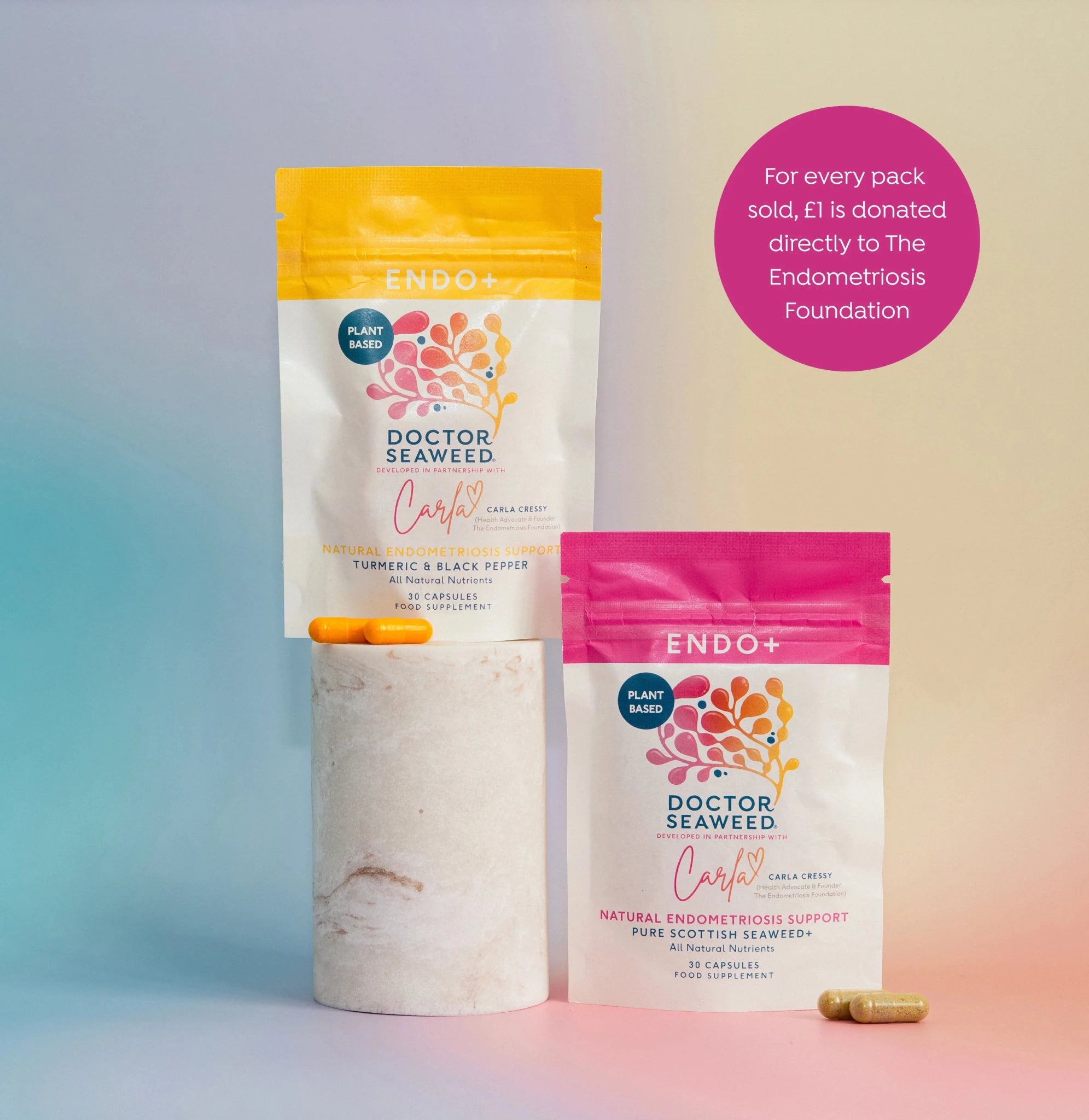 Endo+ supplement pack by Doctor Seaweed, featuring multiple bottles of dietary supplements for digestive health.