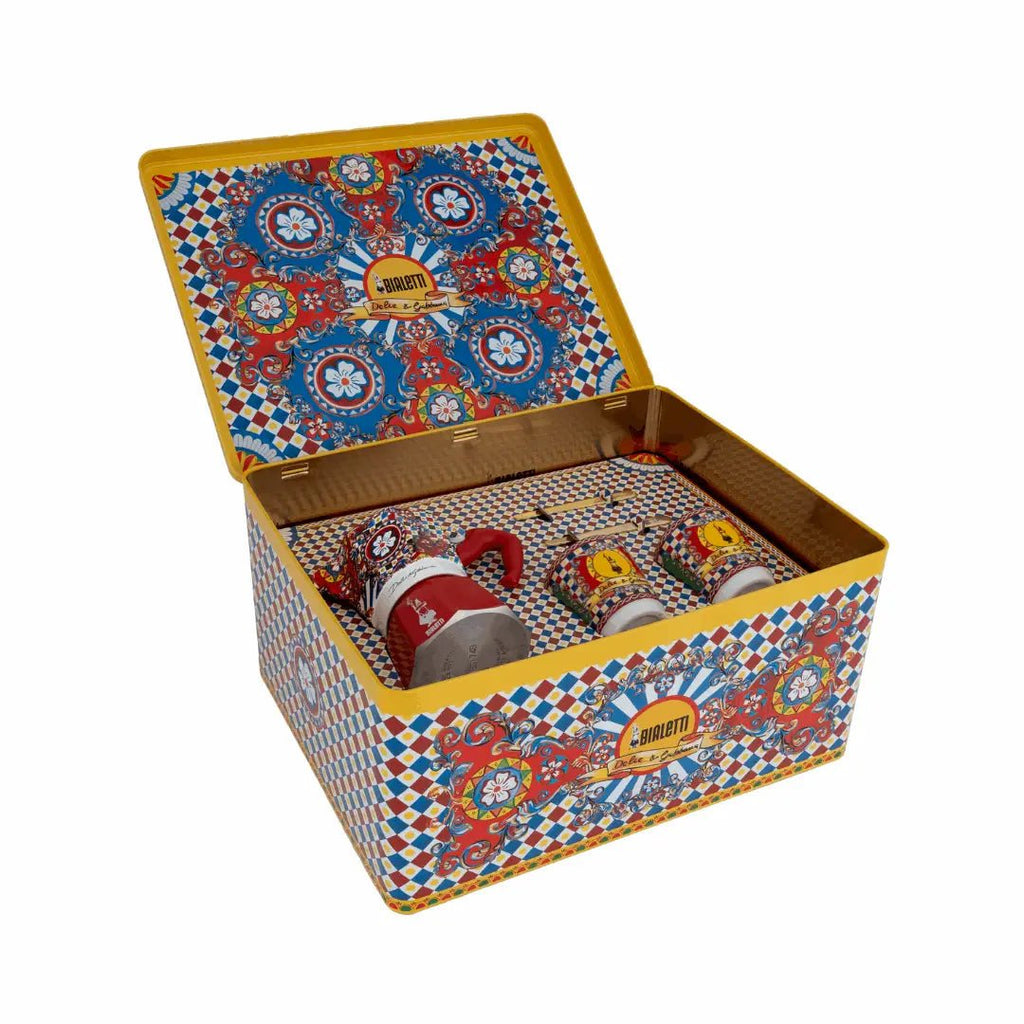 Bialetti Brew Italia Sicilian Cart gift set with two espresso cups, gold stirrers, and decorative packaging for Christmas.
