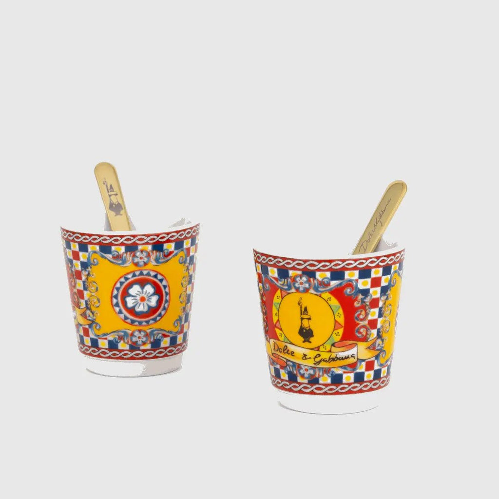 Bialetti Dolce&Gabbana Sicilian Cart gift set with two espresso cups, gold stirrers, and Moka 2-cup coffee maker by Brew Italia