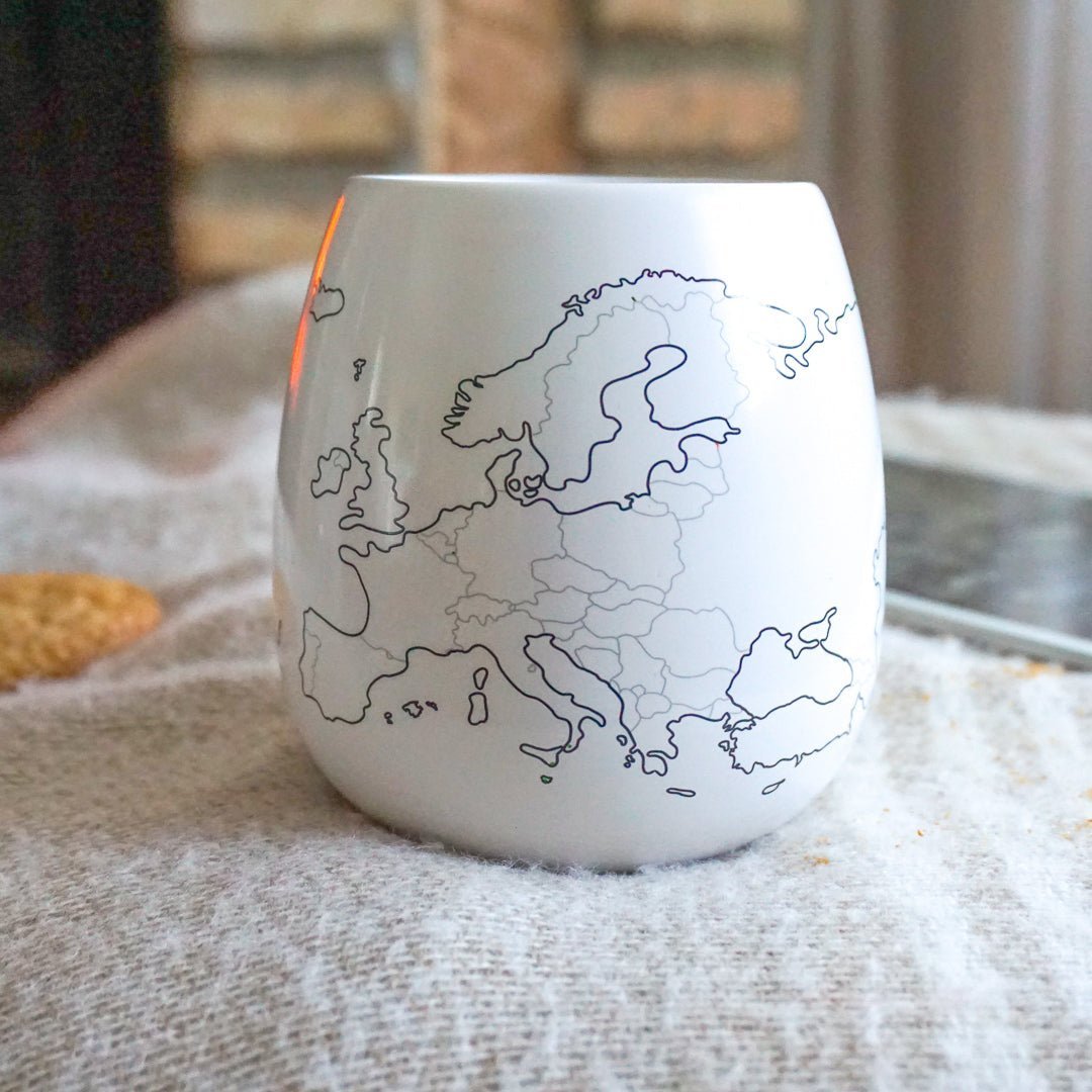 Trouvaille Europe Map Colour-In Travel Mug featuring a detailed map of Europe for coloring and decorating.