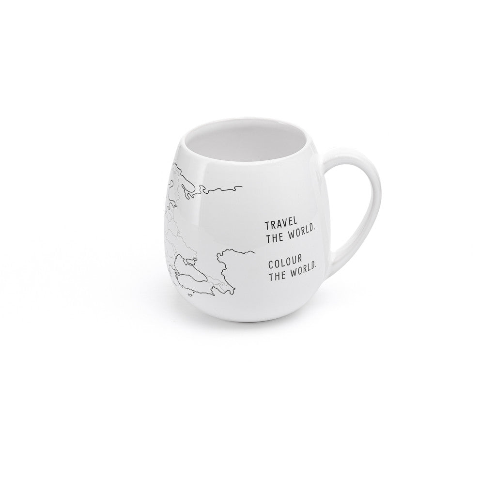 Trouvaille Europe map color-in travel mug showing detailed right side with map outlines and vibrant colors.