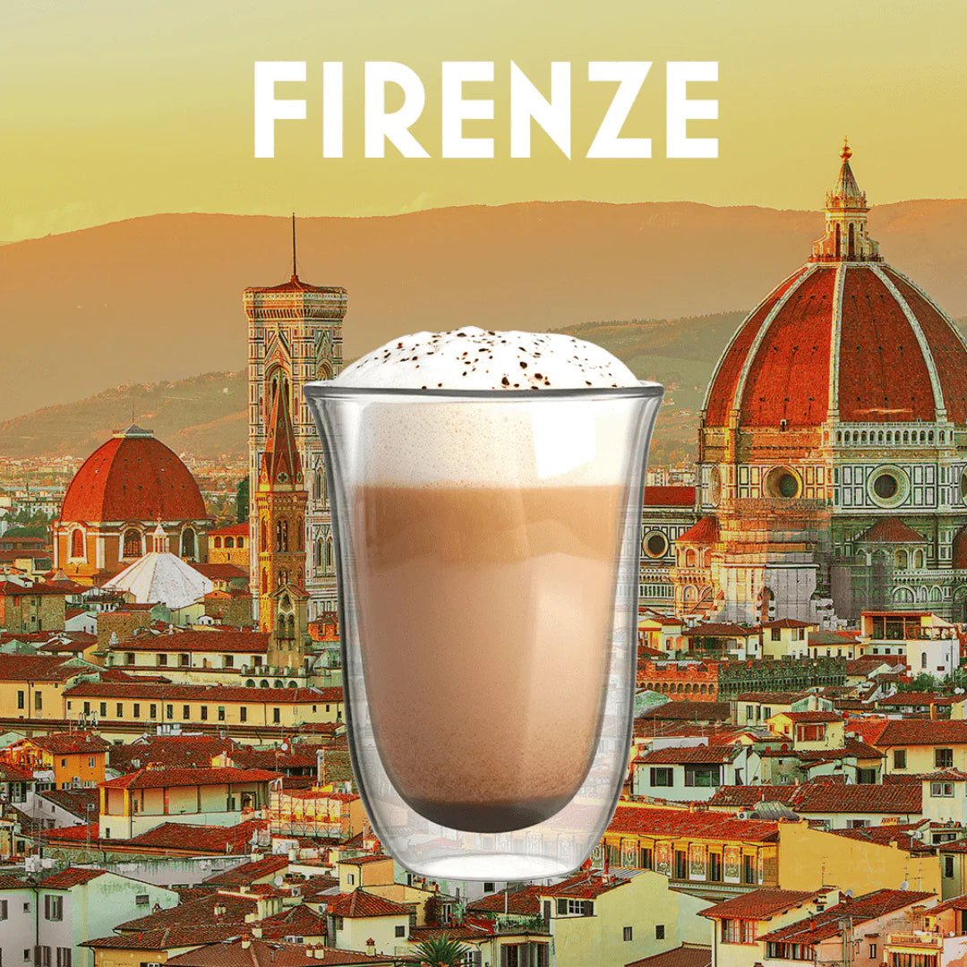 Set of two Brew Italia Firenze double walled glass tumblers, latte glasses with clear, insulated design for hot or cold beverages.