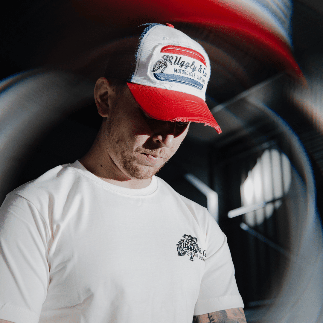 White & Red Flat Track Trucker Hat