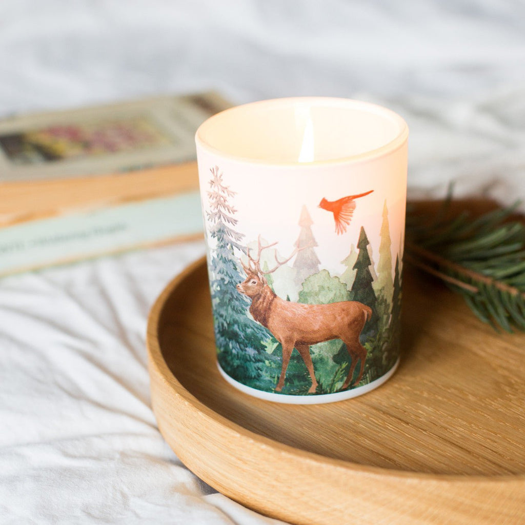 Forest Soy Scented Candle by Trouvaille, featuring balsam fir and wild berries, in a nature-inspired candle holder.