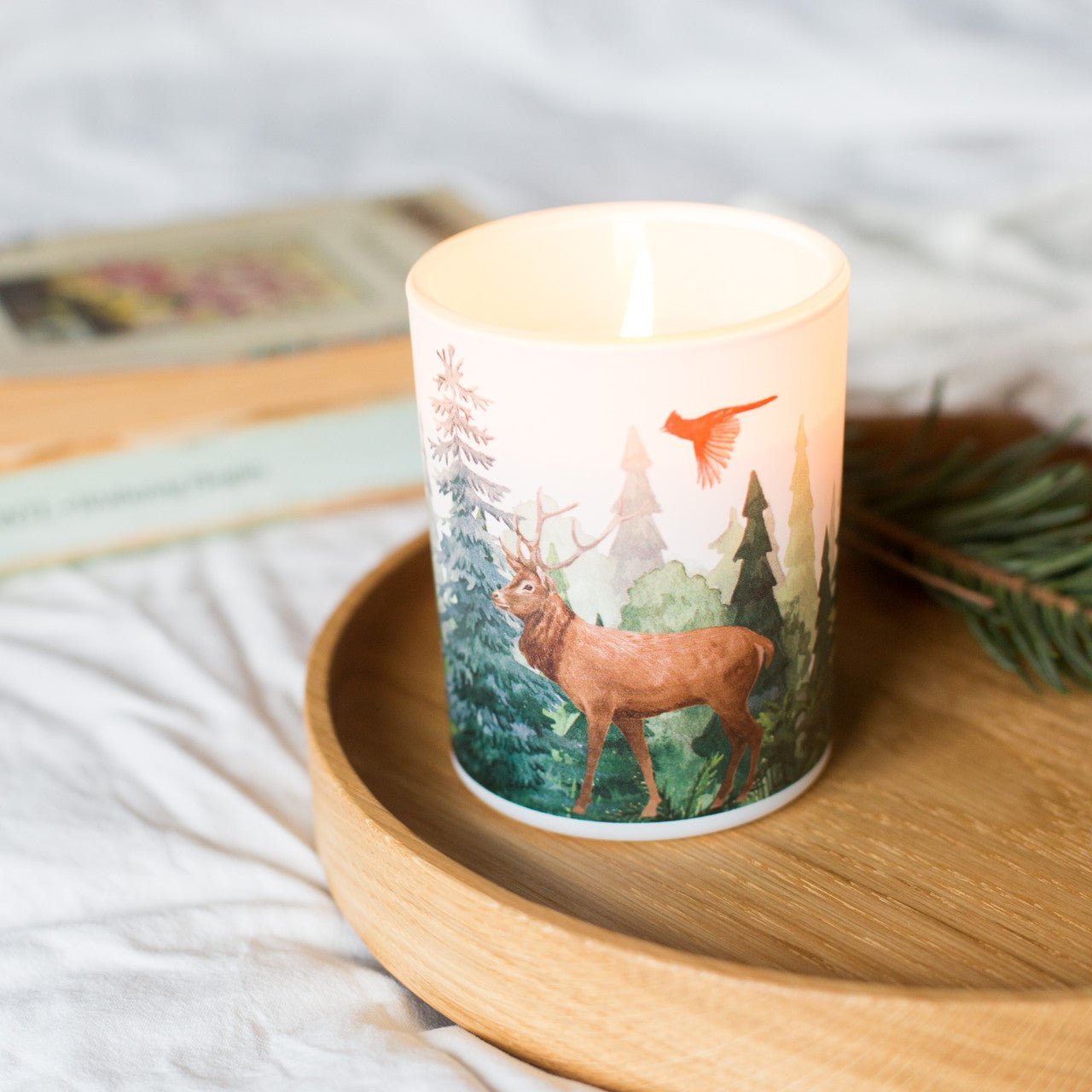 Forest Soy Scented Candle by Trouvaille, featuring balsam fir and wild berries, in a nature-inspired candle holder.