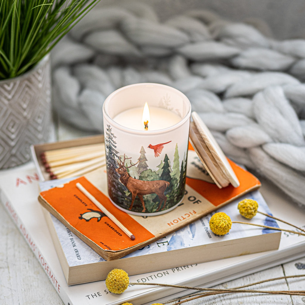 Trouvaille Forest Soy Scented Candle with Balsam Fir and Wild Berries, eco-friendly candle on a cozy wooden surface.