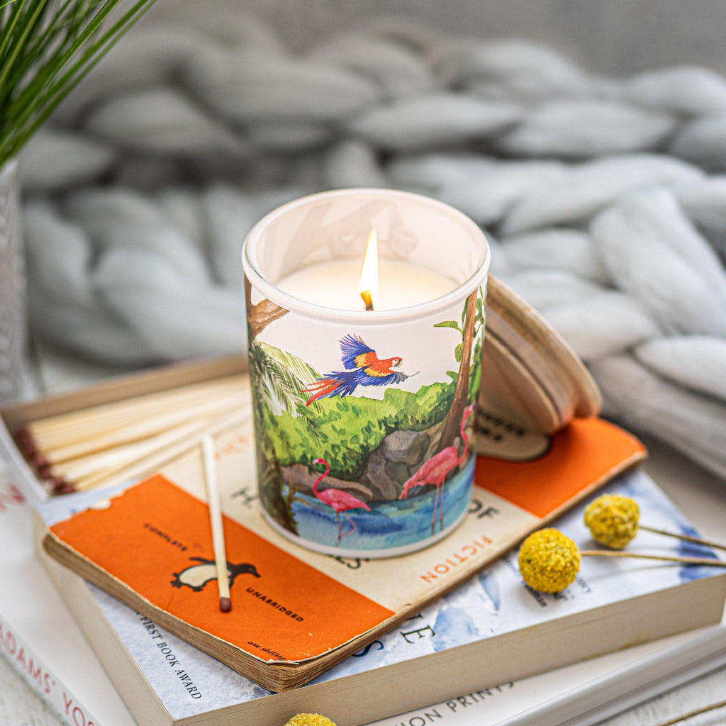 Trouvaille Freshwater Soy Scented Candle with tropical-inspired design, showcasing a revitalizing freshwater fragrance in a sleek candle holder.