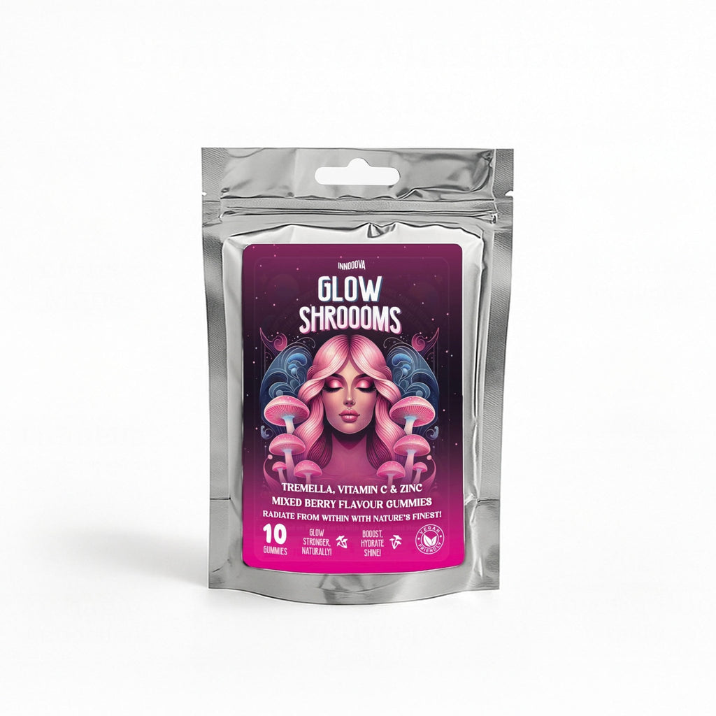 Innooova GlowShroooms Trial Pack with colorful glow-in-the-dark slime and accessories in a clear plastic container.