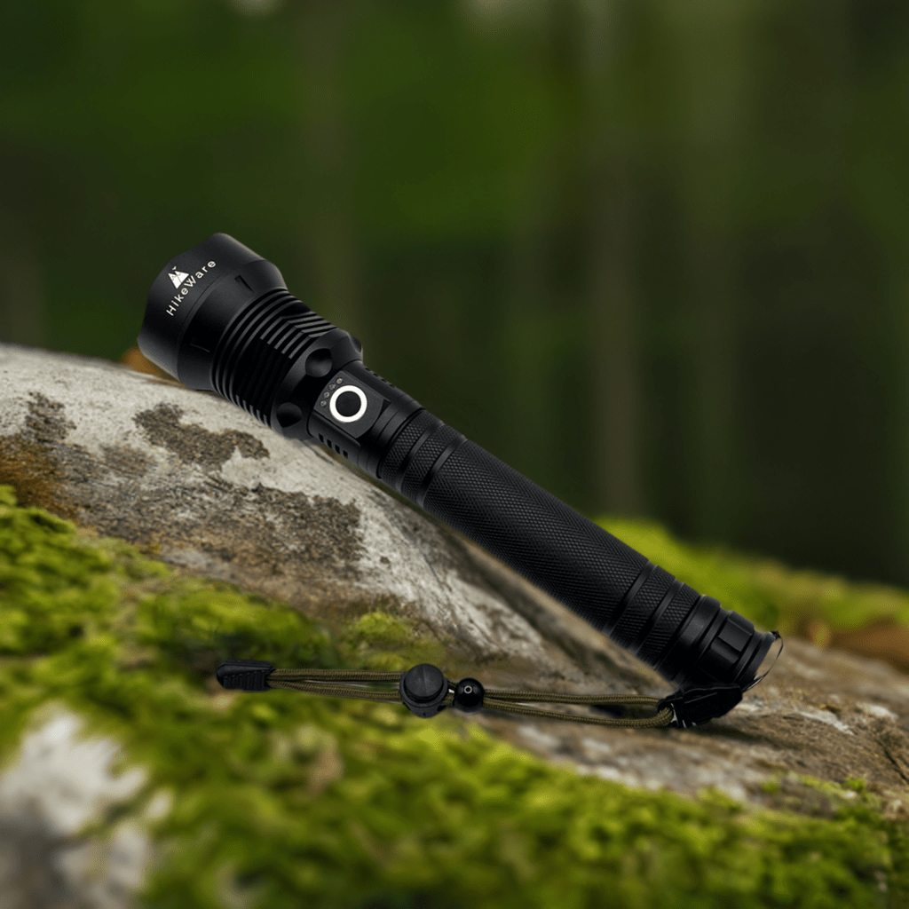 HikeWare LED flashlight emitting bright light with 10,000 lumens, compact design ideal for outdoor hiking and camping.