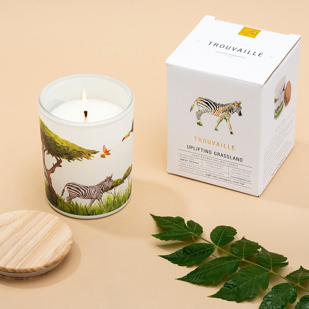 Trouvaille Grassland Soy Scented Candle in a gift box with natural wax and citrus aroma, ideal for uplifting home decor.