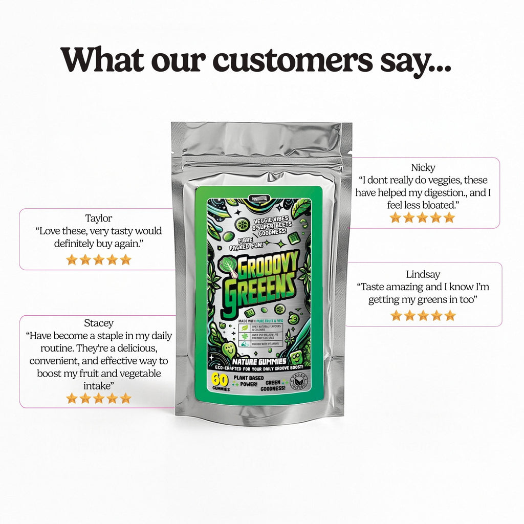 Innooova Grooovy Greeens Triple Pack featuring vibrant green superfood powder blends in resealable pouches.
