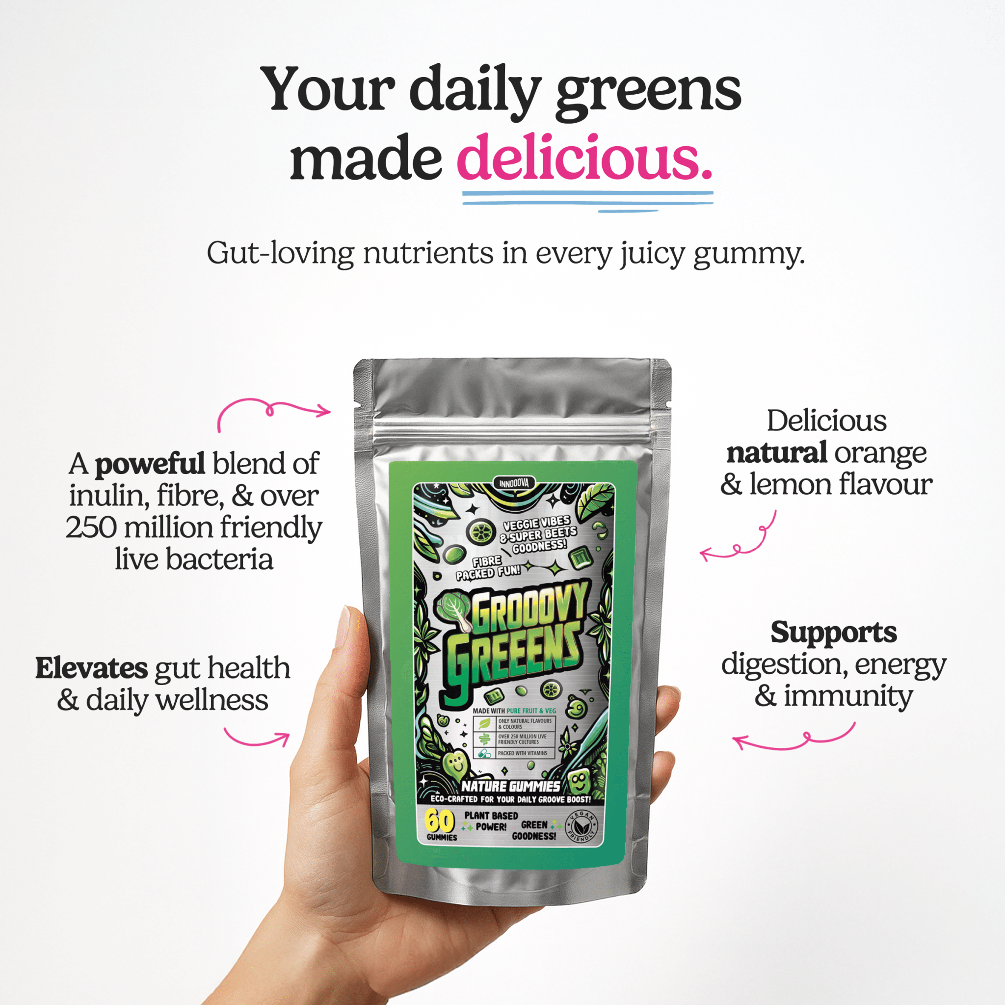 Innooova Grooovy Greens supplement container with vibrant green label and fresh spinach, kale, and vegetable illustrations.