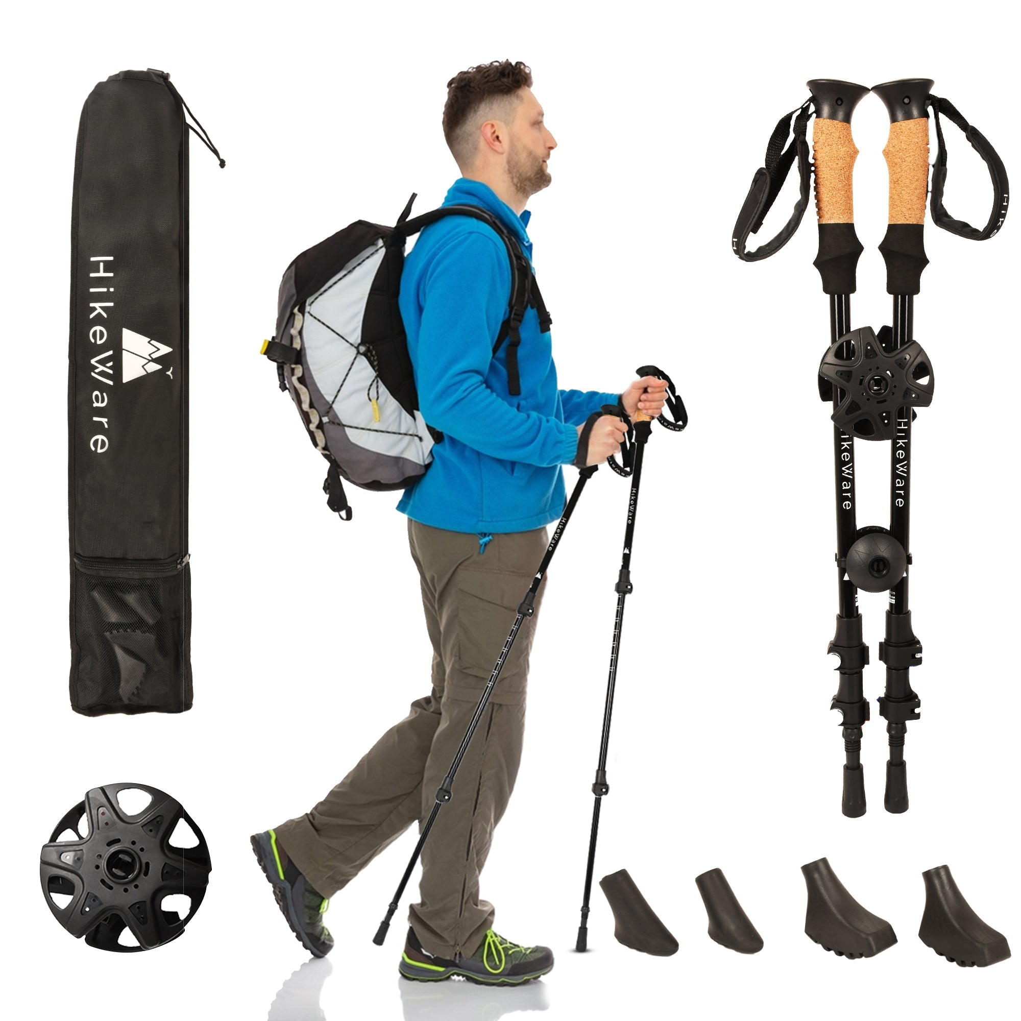 HikeWare aluminium hiking poles with adjustable shafts, grips, and accessories, ideal for outdoor trekking and hiking adventures.