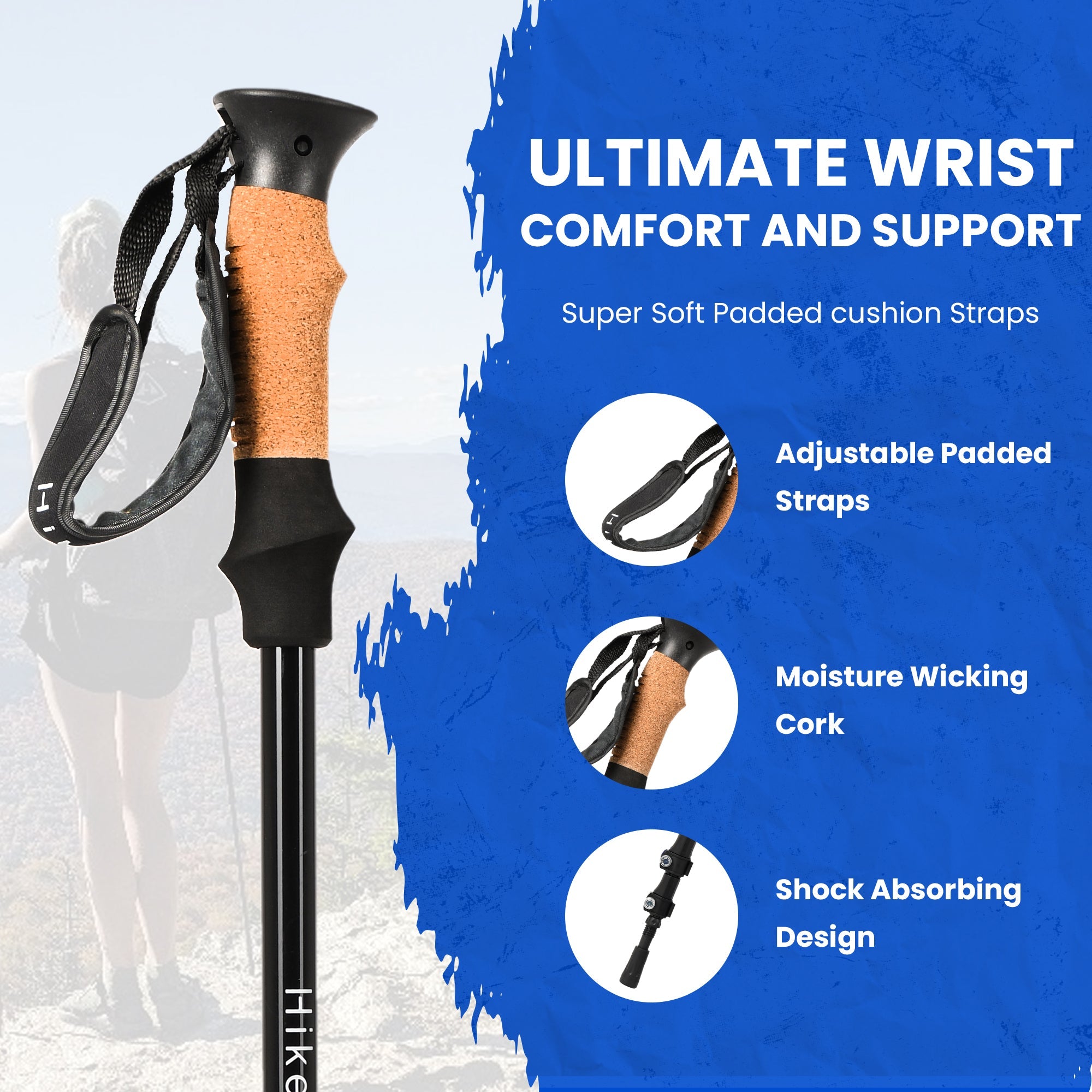 HikeWare Aluminium Hiking Pole with wrist support, adjustable strap, and ergonomic grip for outdoor trekking and hiking.