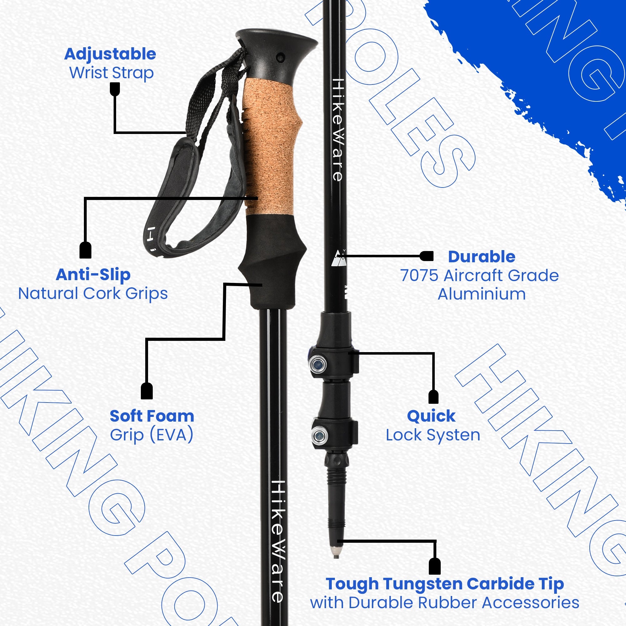 HikeWare Aluminium Hiking Poles with adjustable shafts, ergonomic handles, and wrist straps for outdoor hiking durability and comfort.
