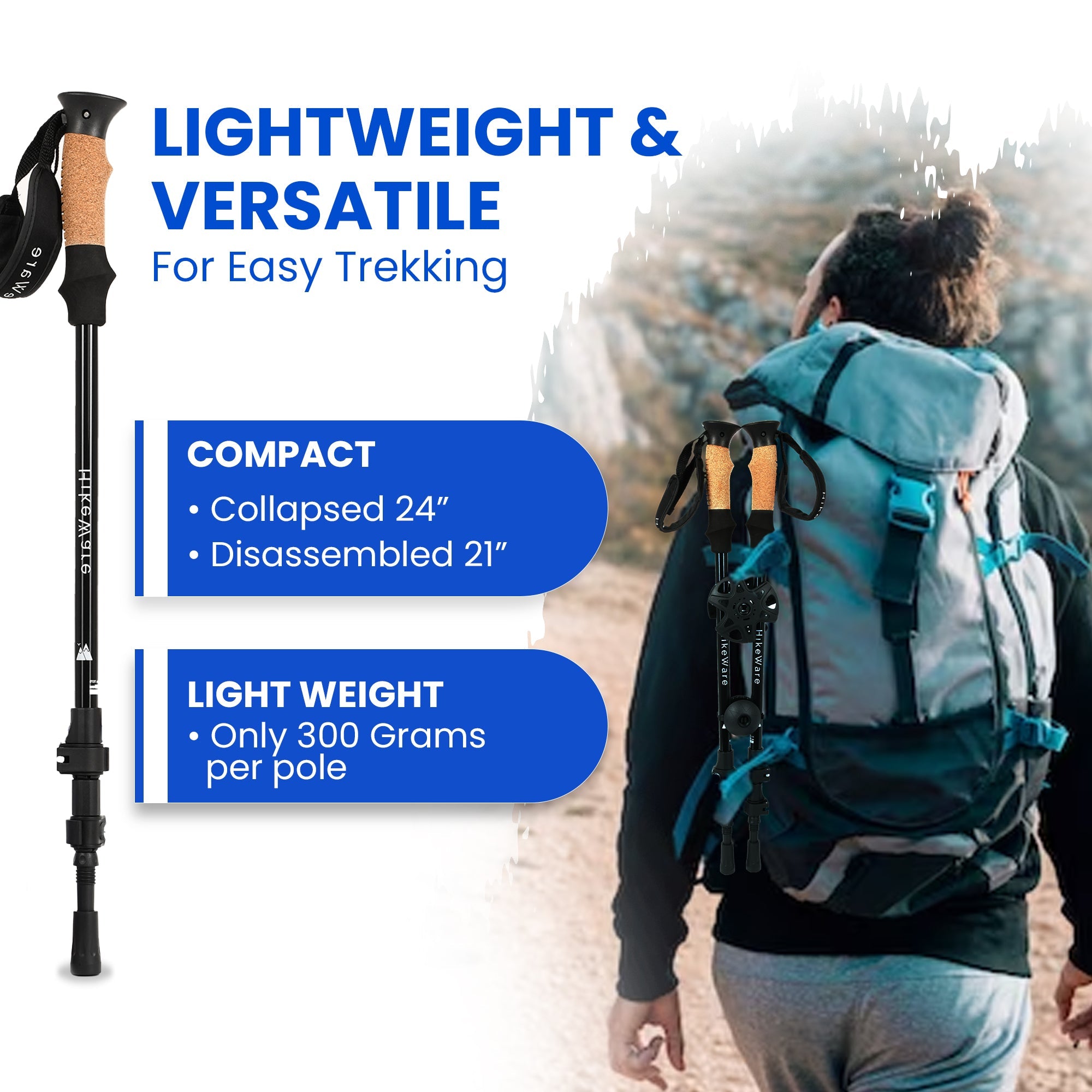 Lightweight HikeWare Aluminium Hiking Poles, compact and adjustable, designed for outdoor trekking and stability.