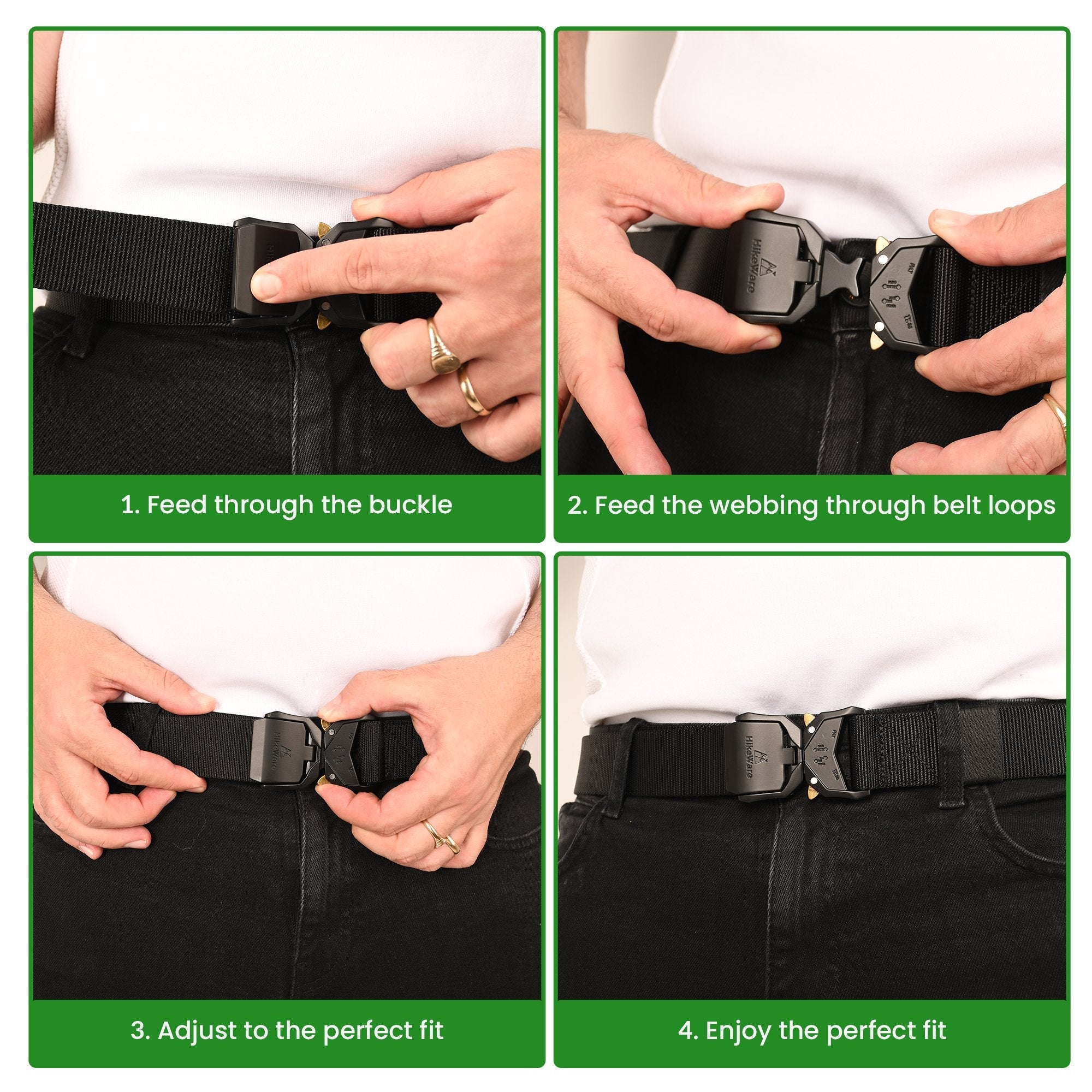 HikeWare tactical nylon hiking belt with quick-release metal buckle, durable military-style belt for outdoor activities and work.