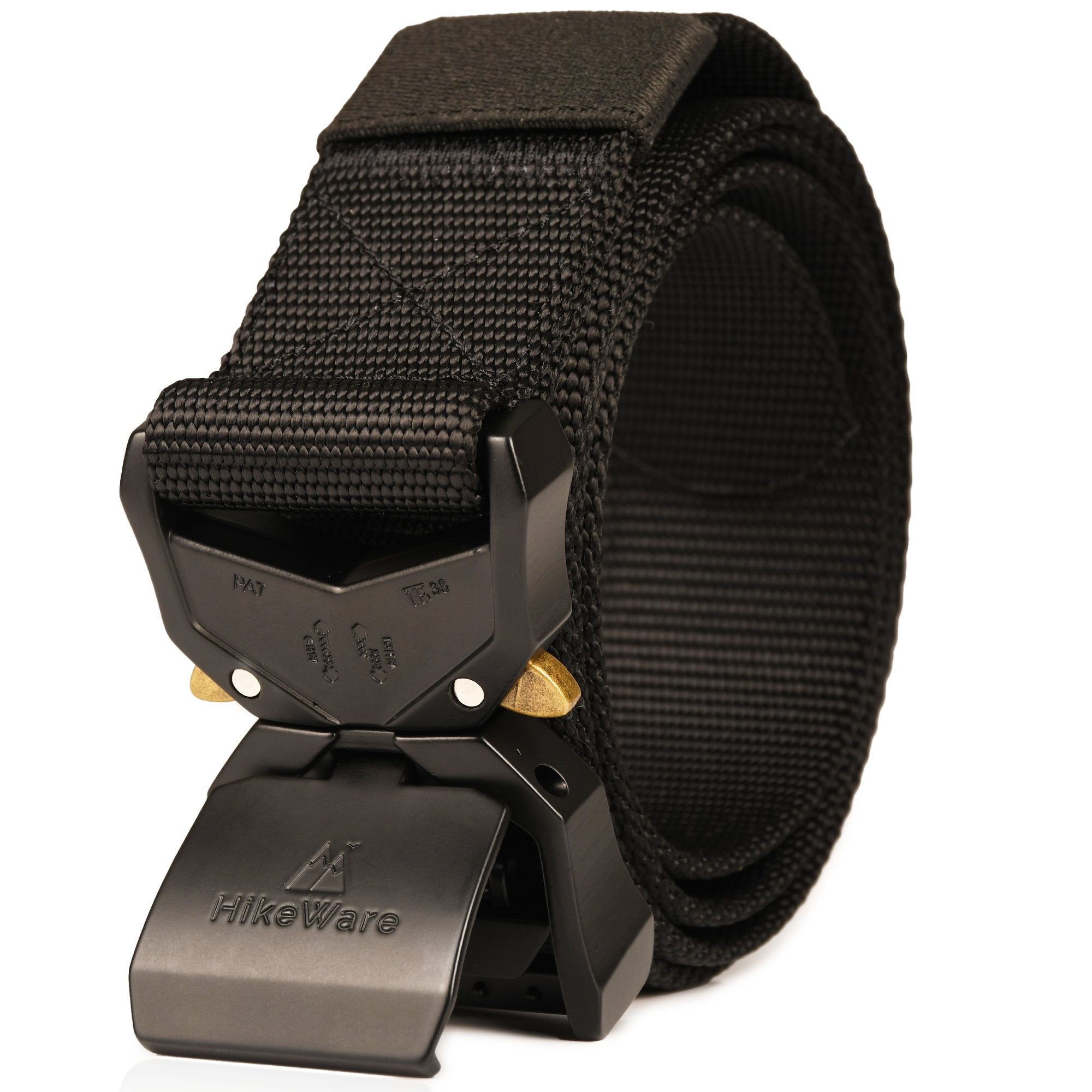HikeWare tactical nylon hiking belt with quick-release metal buckle, durable military-style belt for outdoor and work use.