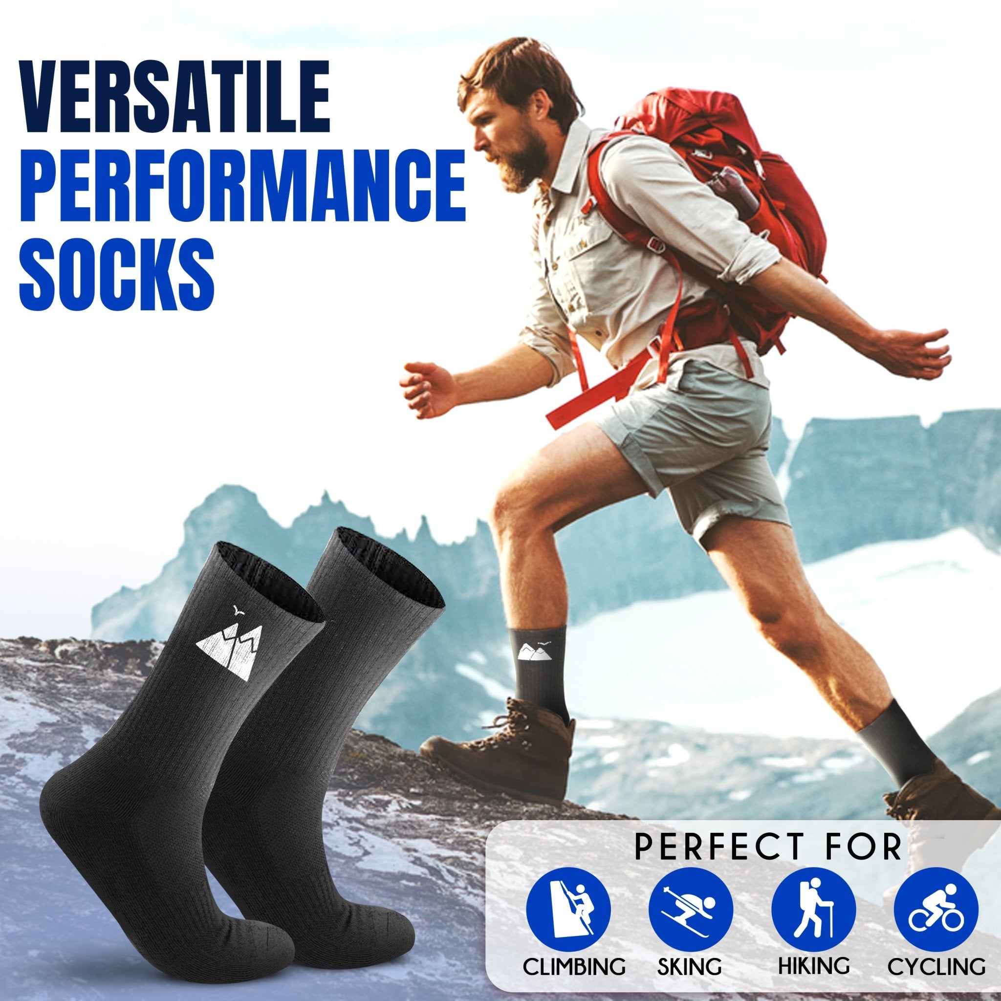 HikeWare Premium Merino Wool Socks for men and women, showing breathable mesh, moisture-wicking, and durable design.