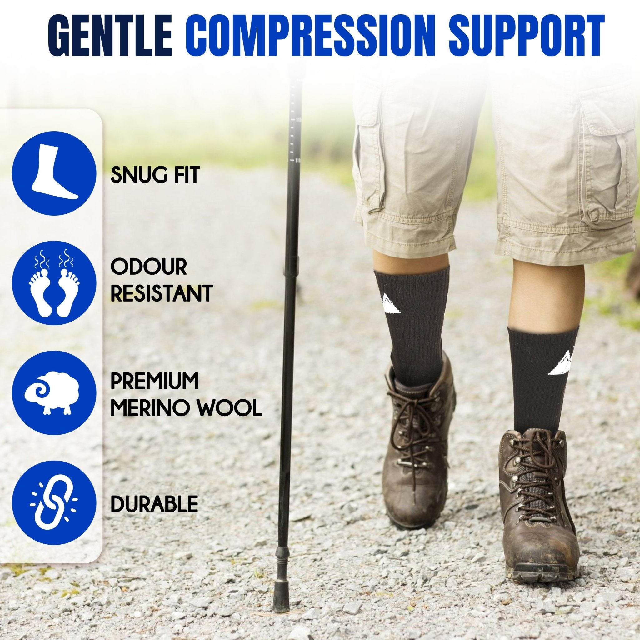 HikeWare Premium Merino Wool Socks for men and women, showing breathable mesh and moisture-wicking, durable, odor-resistant design.