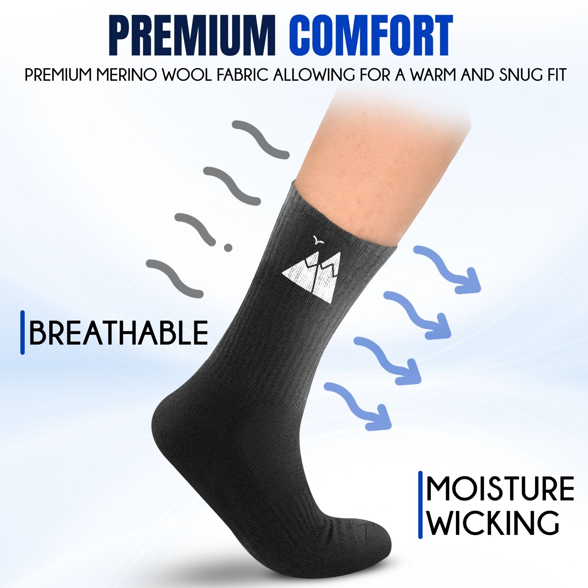 HikeWare Premium Merino Wool Socks for men and women, showing breathable mesh, moisture-wicking, and durable design.