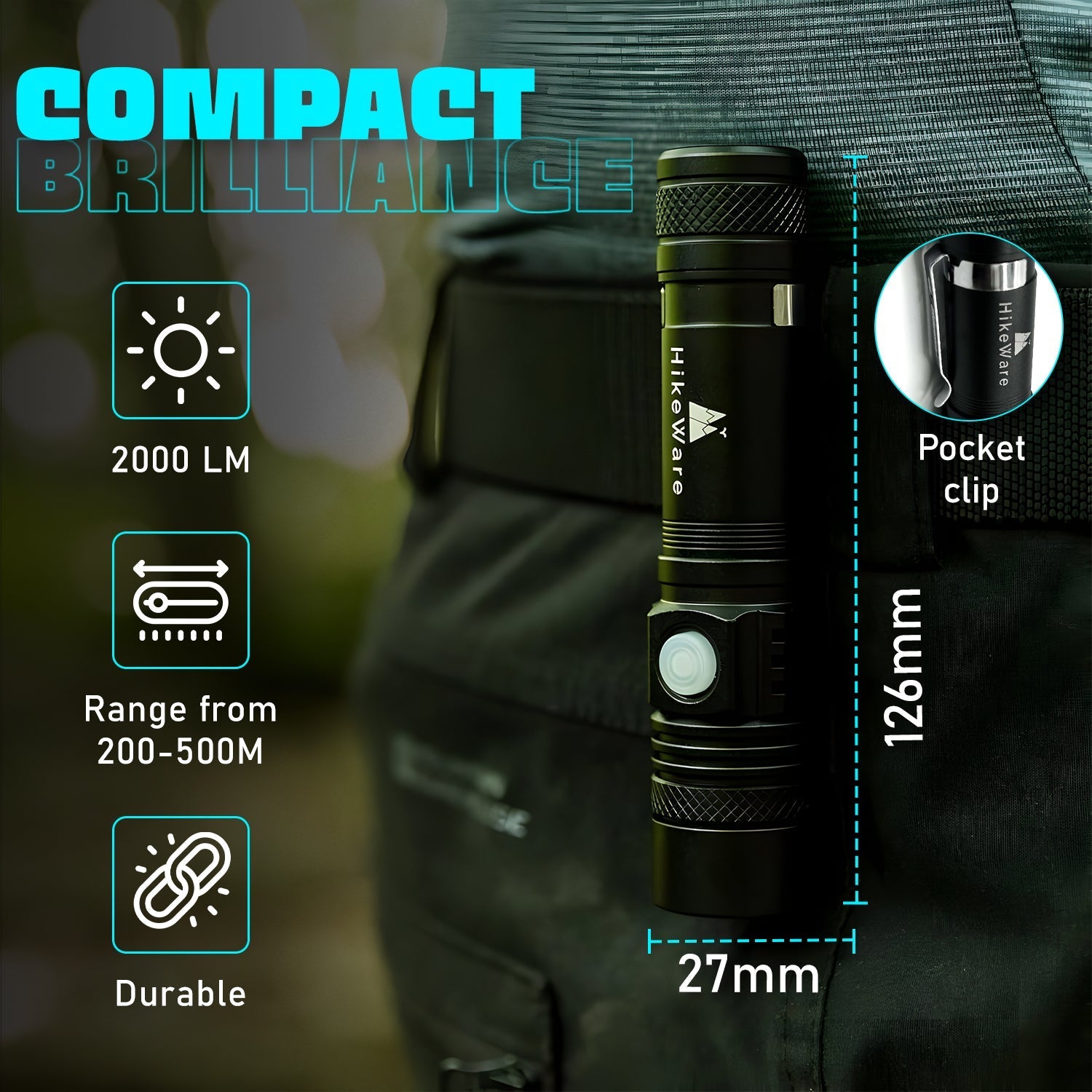 HikeWare Ultra Bright LED Pocket Flashlight emitting a strong beam, compact design, and 2000 lumens brightness, ideal for outdoor use.