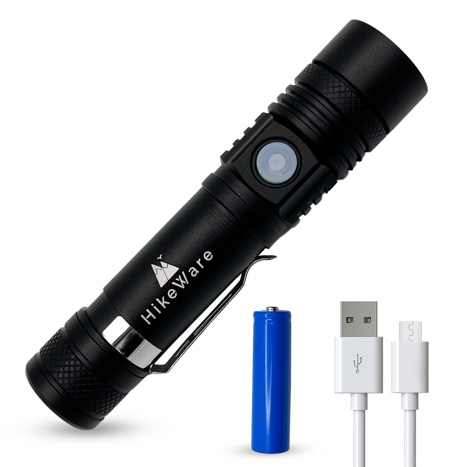 HikeWare Ultra Bright LED Pocket Flashlight emitting 2000 lumens, compact handheld flashlight with powerful beam.