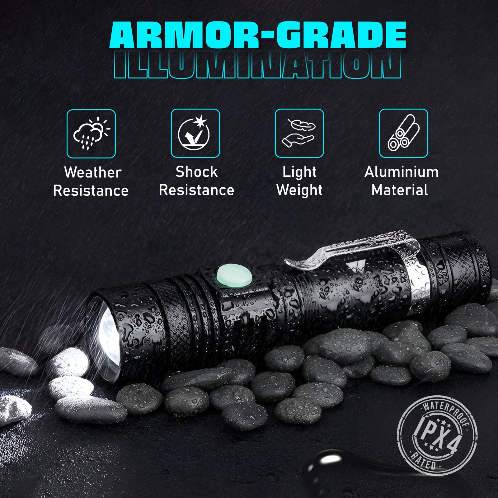HikeWare Ultra Bright LED Pocket Flashlight emitting 2000 lumens, compact and portable for outdoor or emergency use.