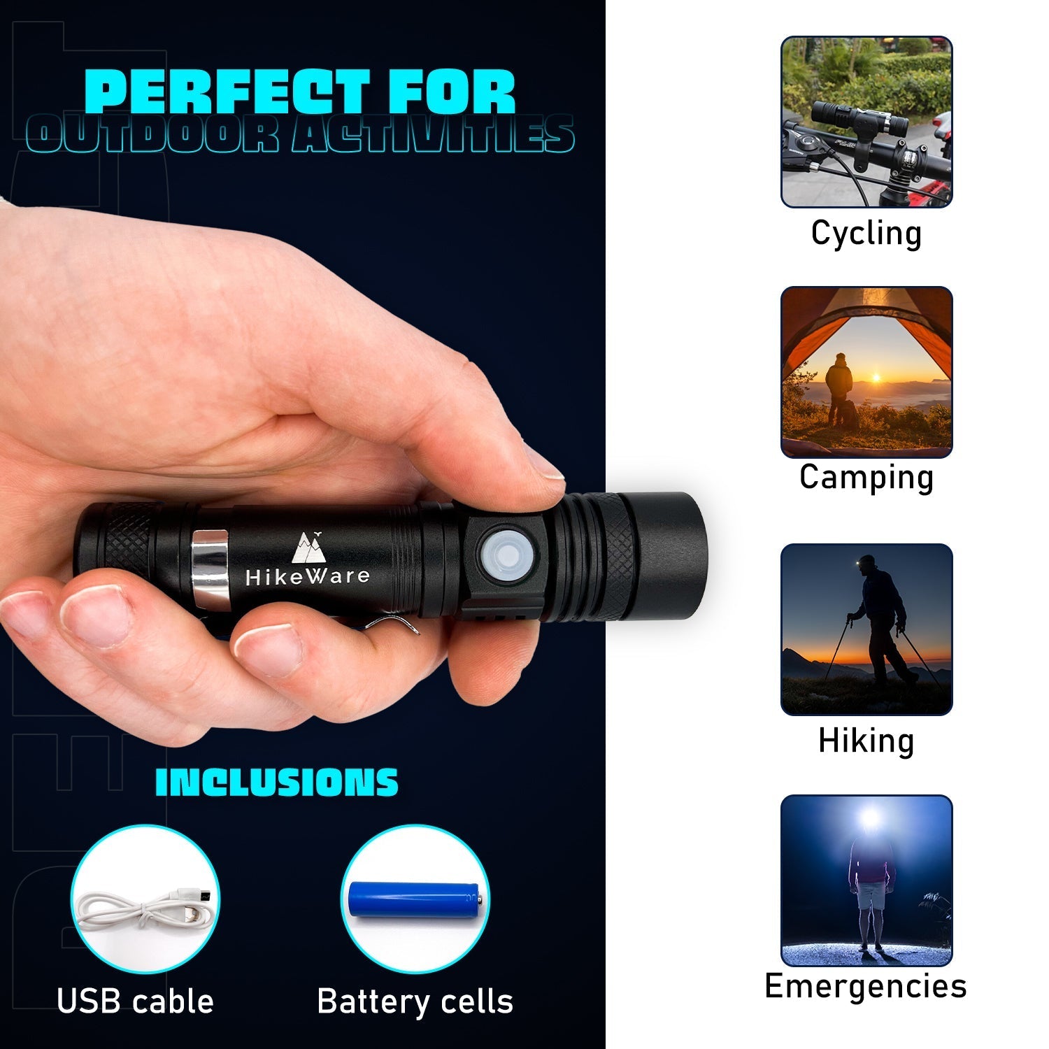 HikeWare Ultra Bright LED Pocket Flashlight emitting a powerful 2000 lumens, compact design, with a textured grip and adjustable focus.