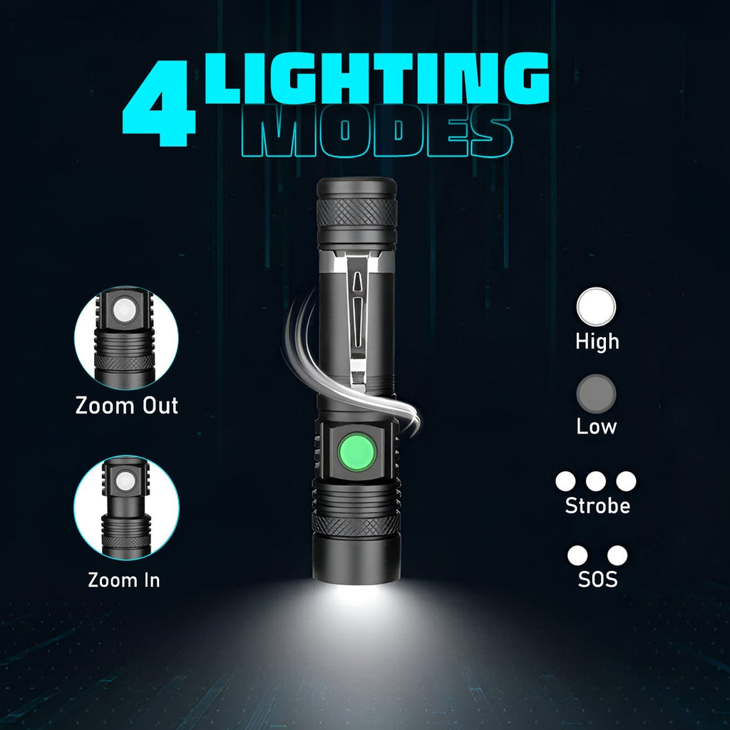 HikeWare Ultra Bright LED Pocket Flashlight emitting 2000 lumens, compact design with durable metal body for outdoor use.