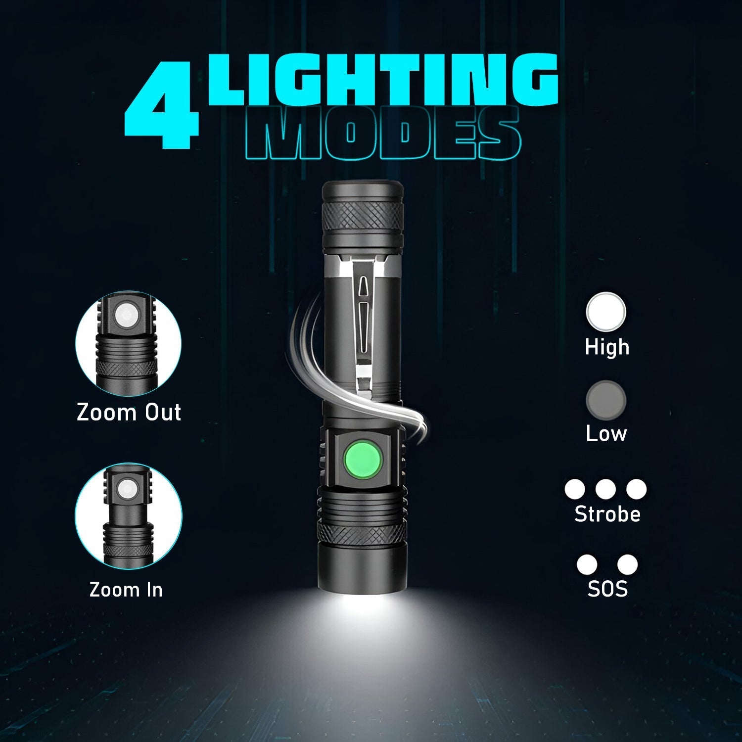 HikeWare Ultra Bright LED Pocket Flashlight emitting 2000 lumens, compact design with durable metal body for outdoor use.
