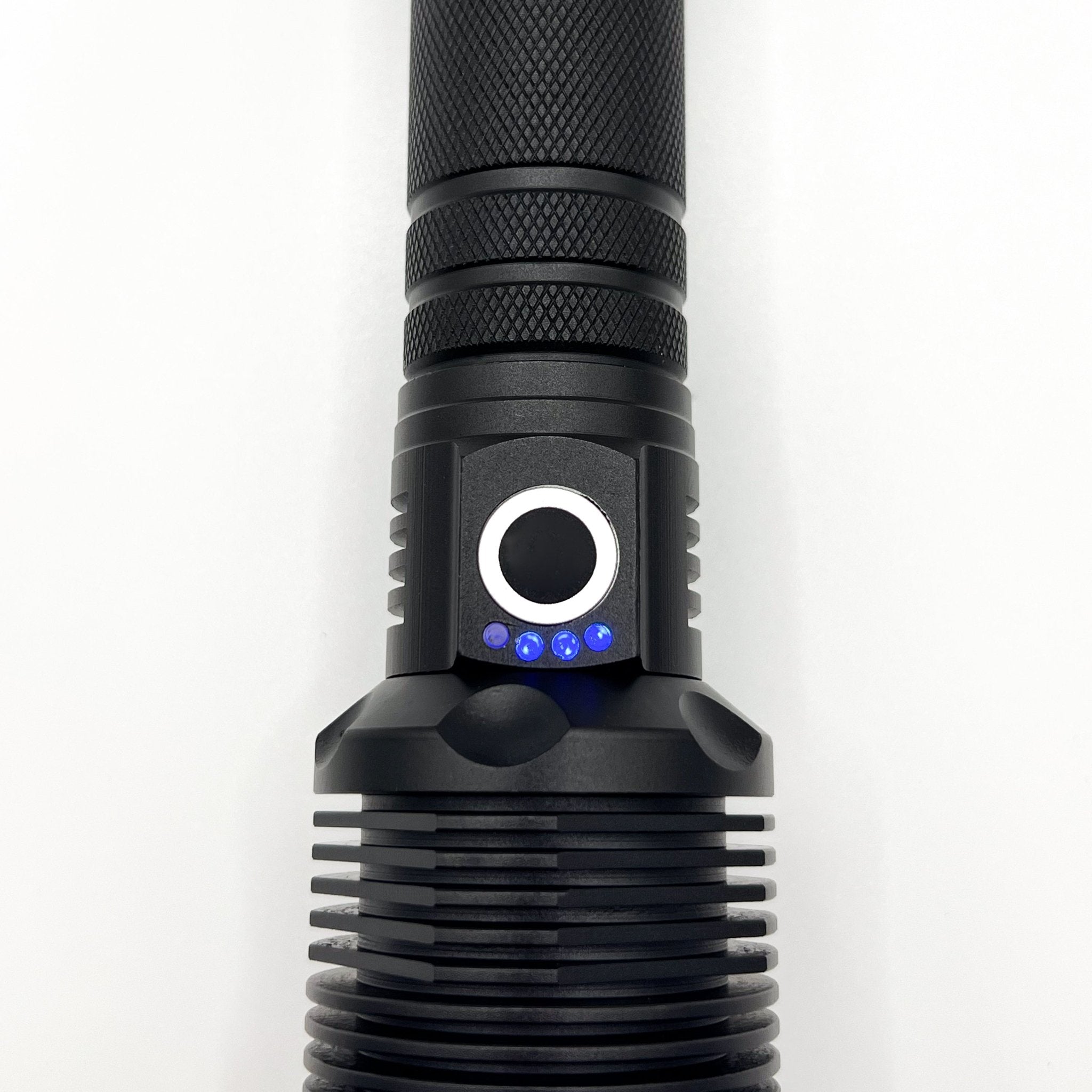 HikeWare LED Flashlight with 10,000 lumens, waterproof, zoomable, USB rechargeable, showing its bright beam and compact design